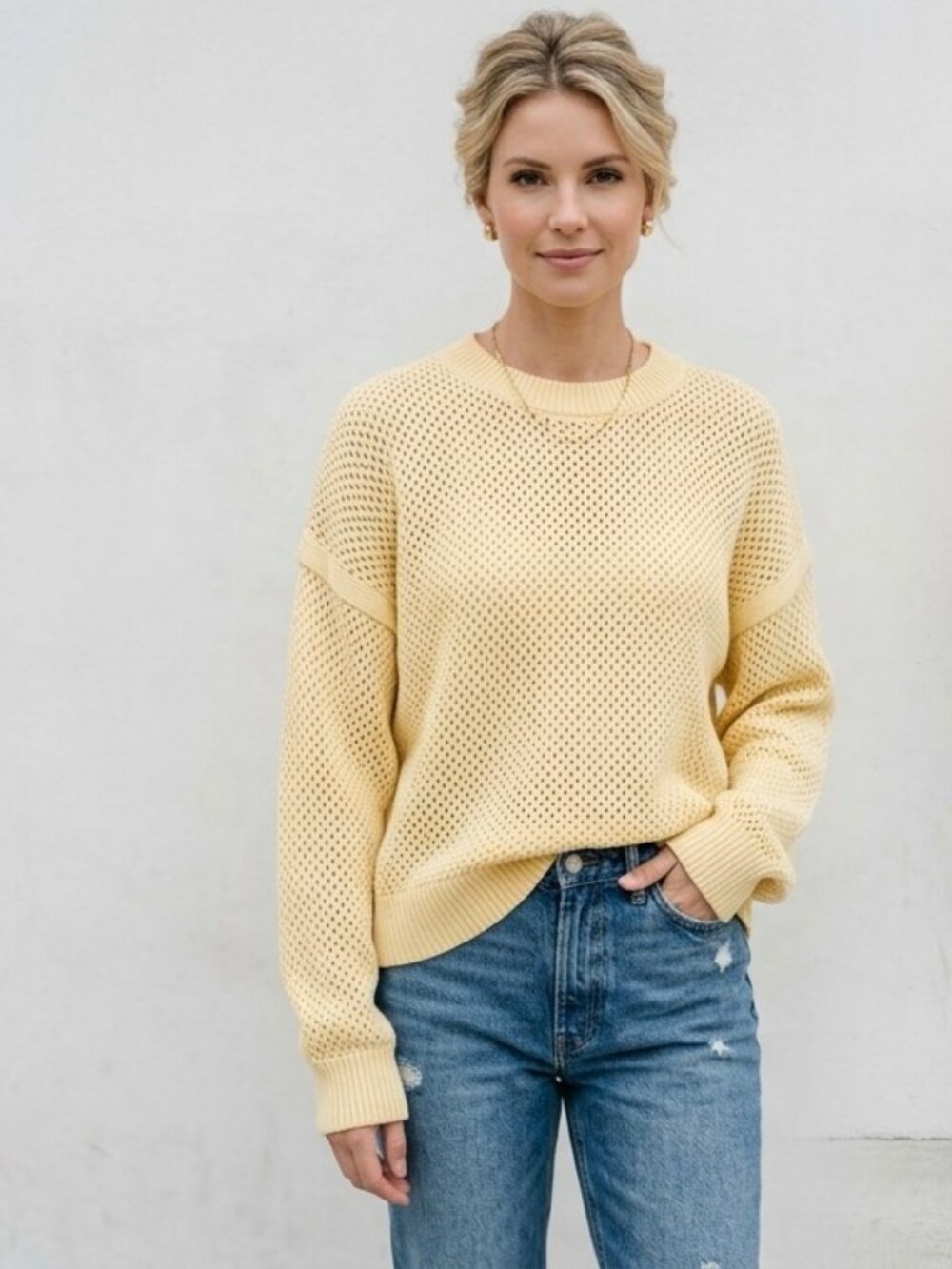 Varley Kershaw Sweater Butter Yellow Crew Neck Cotton Open Knit M
